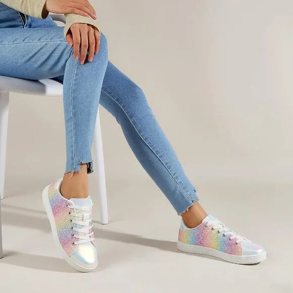 Women's Purple Multi Glitter Shoes Sparkly Bling Shiny Bedazzled Lace Up Sneaker - Picture 2 of 9